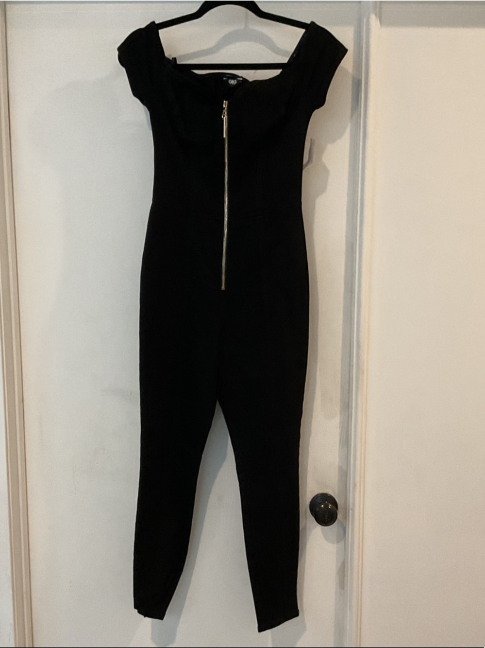 G by Guess Black Off-Shoulder Jumpsuit with Gold Center Zip